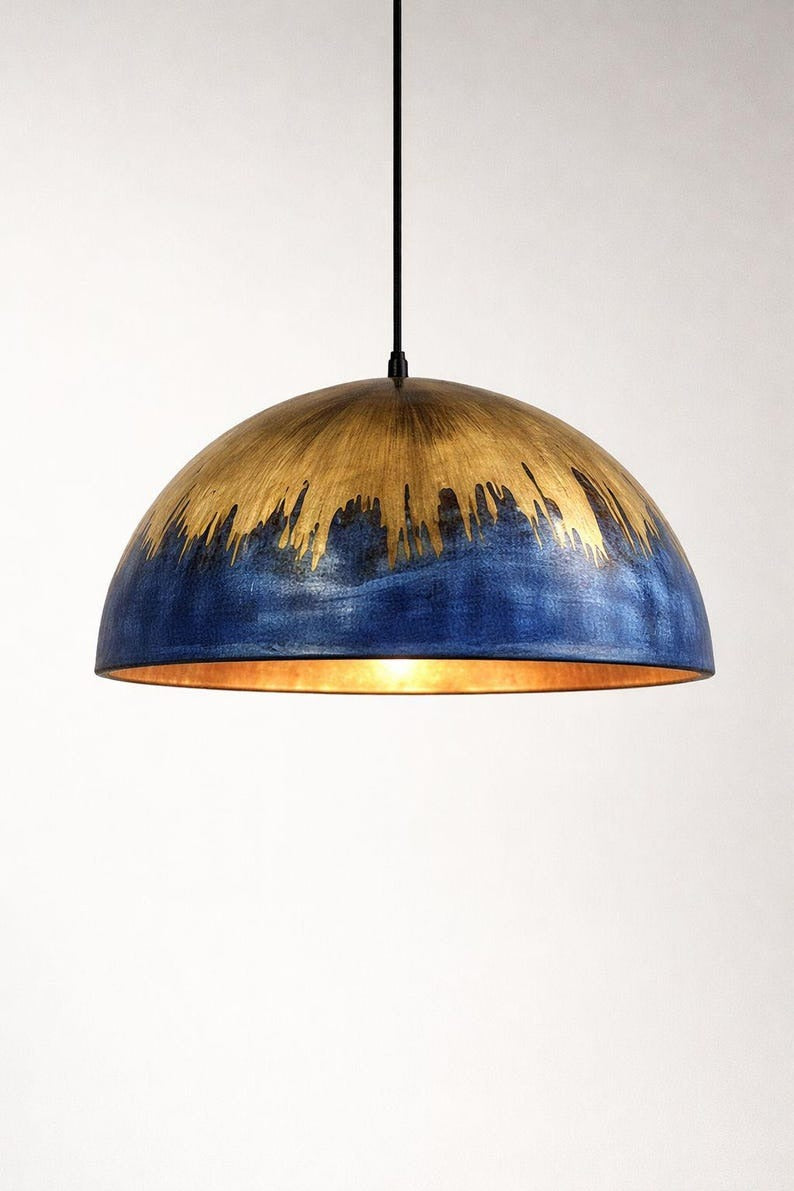 Blue & Gold Brass Dome Pendant Light – Hand-Finished Moroccan Kitchen Island Chandelier