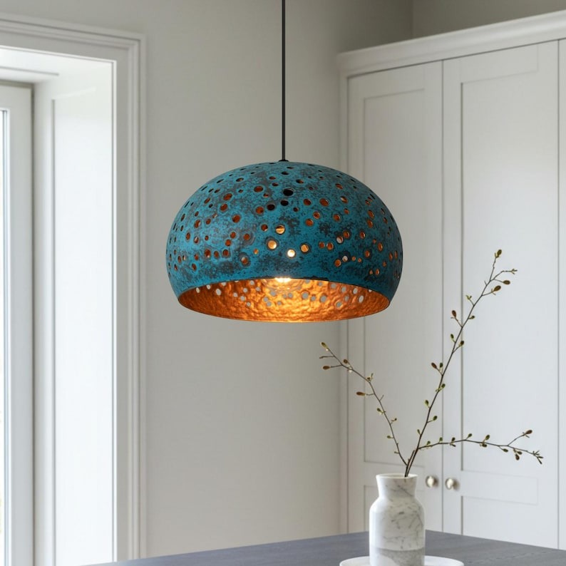 Verdigris Brass Dome Pendant Light – Pierced Moroccan Kitchen Island Chandelier with Turquoise Patina