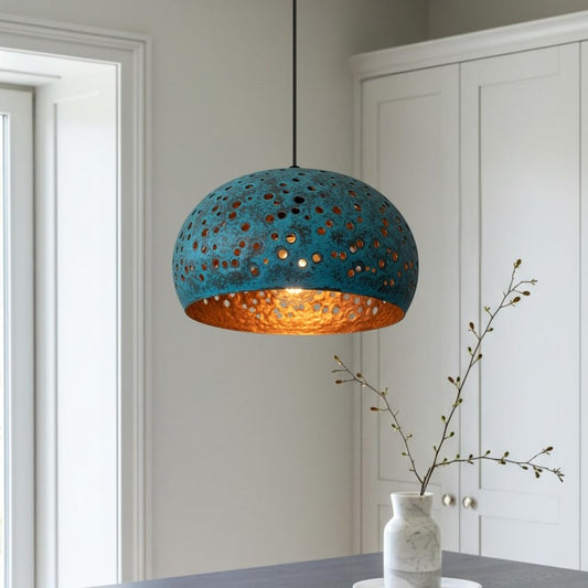 Verdigris Brass Dome Pendant Light – Pierced Moroccan Kitchen Island Chandelier with Turquoise Patina