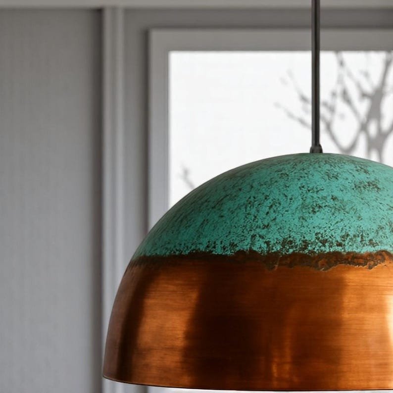 Two-Tone Green Patina Copper Dome Pendant Light, Handmade Moroccan Verdigris and Polished Copper Kitchen Island Chandelier, Rustic Boho Farmhouse Ceiling Light Fixture
