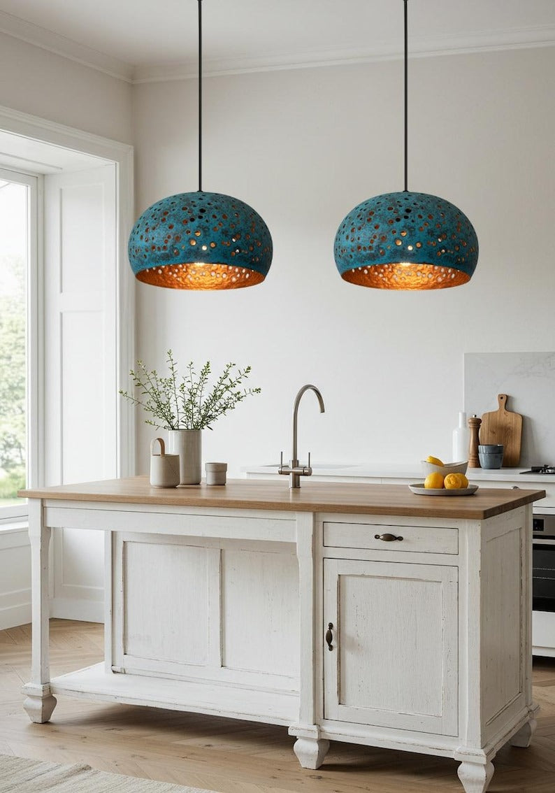 Verdigris Brass Dome Pendant Light – Pierced Moroccan Kitchen Island Chandelier with Turquoise Patina
