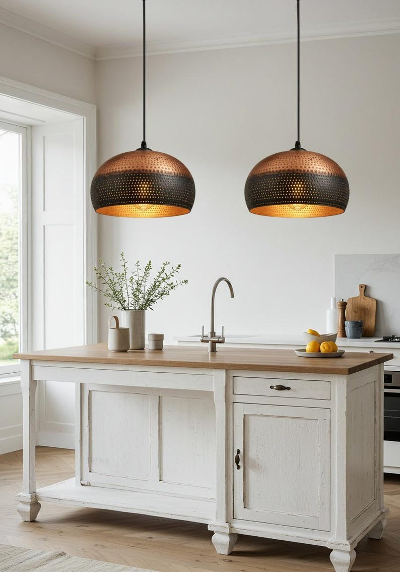 Perforated Brass Dome Pendant Light – Two-Tone Copper & Black Moroccan Kitchen Island Chandelier