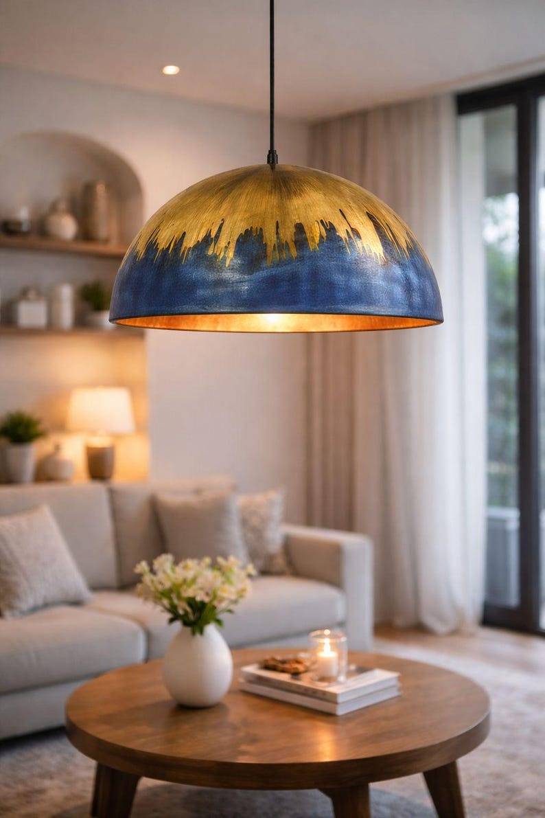 Blue & Gold Brass Dome Pendant Light – Hand-Finished Moroccan Kitchen Island Chandelier