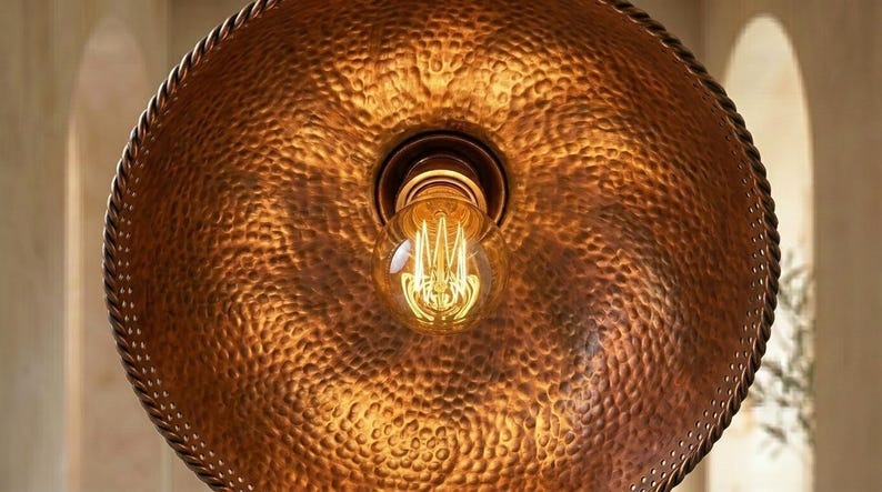 Handmade Brass Moroccan Dome Pendant Light – Blue Verdigris Patina & Copper Hammered Brass Hanging Lamp with Rope Trim, Rustic Kitchen Island Ceiling Fixture