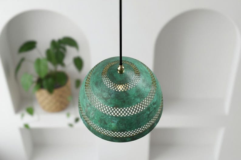 Handmade Moroccan Brass Dome Pendant Light – Turquoise Verdigris Patina Hanging Lamp with Pierced Lattice Bands, Boho Mediterranean Ceiling Light for Kitchen Island, Dining Room, Bedroom & Entryway