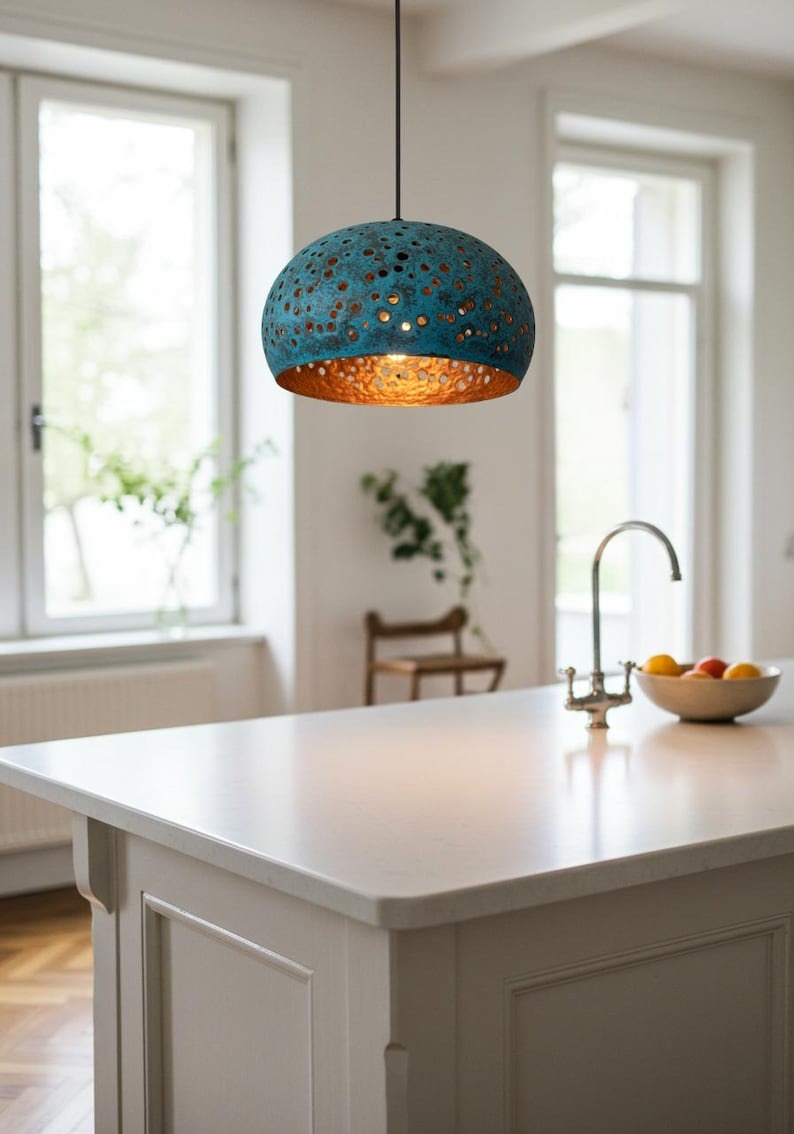 Verdigris Brass Dome Pendant Light – Pierced Moroccan Kitchen Island Chandelier with Turquoise Patina