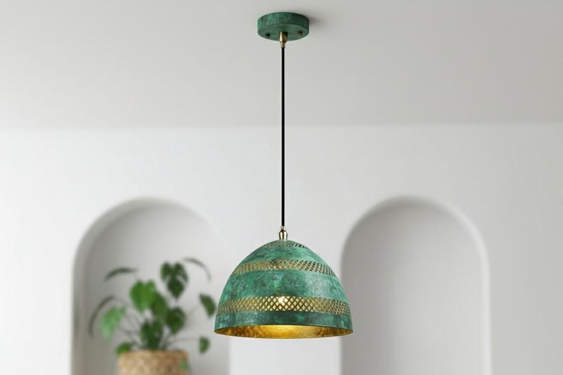 Handmade Moroccan Brass Dome Pendant Light – Turquoise Verdigris Patina Hanging Lamp with Pierced Lattice Bands, Boho Mediterranean Ceiling Light for Kitchen Island, Dining Room, Bedroom & Entryway