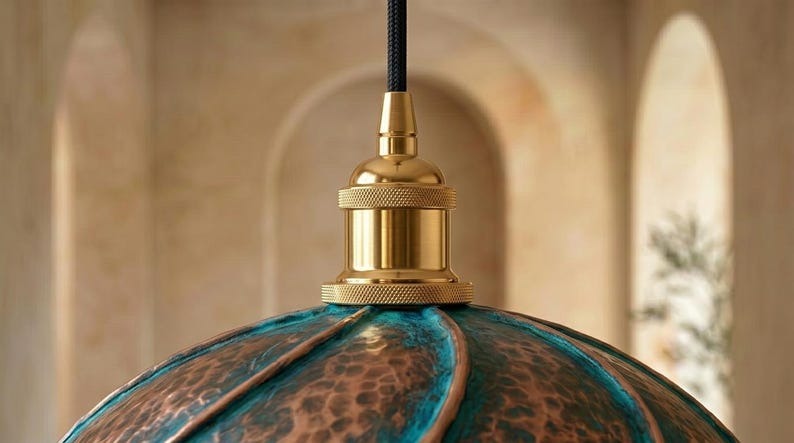 Handmade Brass Moroccan Dome Pendant Light – Blue Verdigris Patina & Copper Hammered Brass Hanging Lamp with Rope Trim, Rustic Kitchen Island Ceiling Fixture