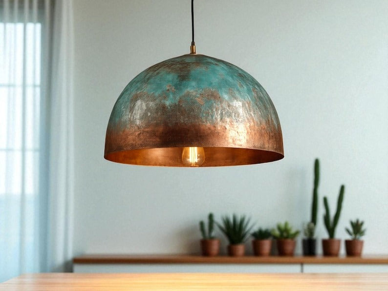 Verdigris Brass Dome Pendant Light – Aged Copper Kitchen Island Chandelier with Turquoise Patina
