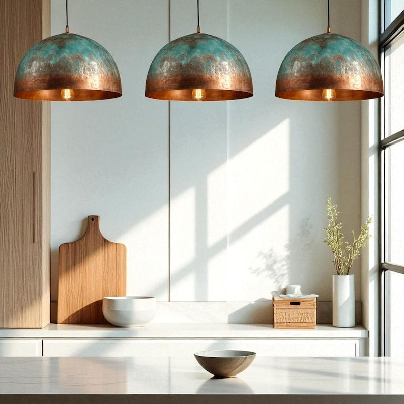 Verdigris Brass Dome Pendant Light – Aged Copper Kitchen Island Chandelier with Turquoise Patina