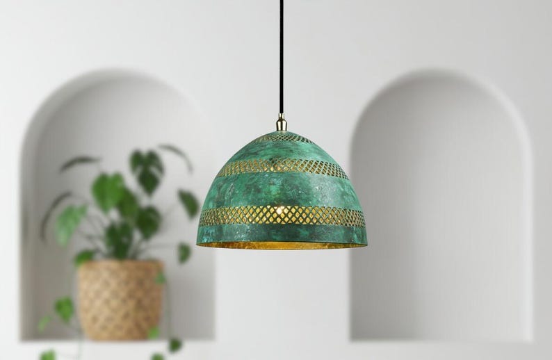 Handmade Moroccan Brass Dome Pendant Light – Turquoise Verdigris Patina Hanging Lamp with Pierced Lattice Bands, Boho Mediterranean Ceiling Light for Kitchen Island, Dining Room, Bedroom & Entryway