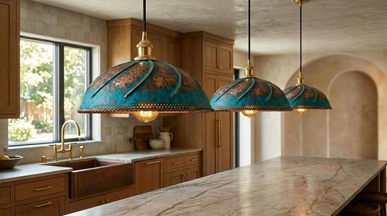 Handmade Brass Moroccan Dome Pendant Light – Blue Verdigris Patina & Copper Hammered Brass Hanging Lamp with Rope Trim, Rustic Kitchen Island Ceiling Fixture