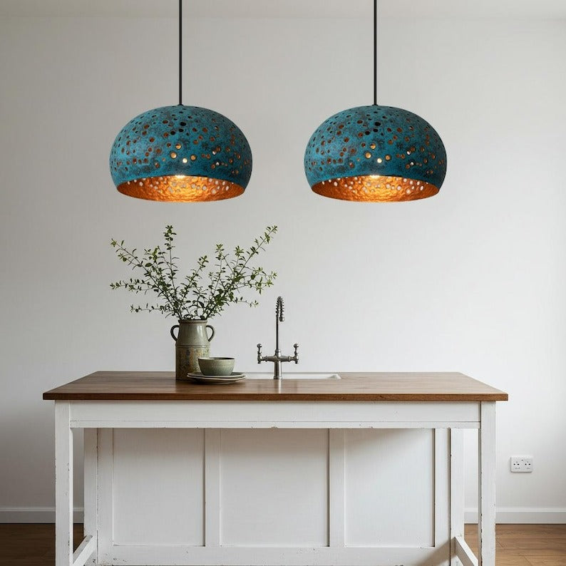 Verdigris Brass Dome Pendant Light – Pierced Moroccan Kitchen Island Chandelier with Turquoise Patina