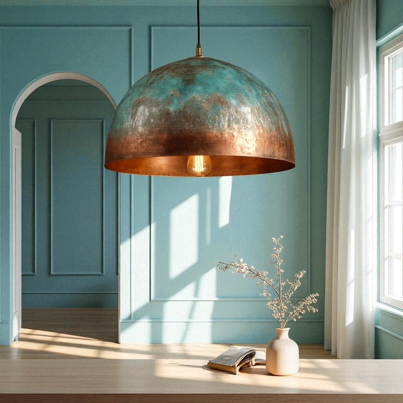 Verdigris Brass Dome Pendant Light – Aged Copper Kitchen Island Chandelier with Turquoise Patina