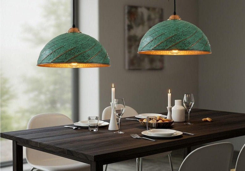 Green Patina Hammered Copper Dome Pendant Light, Handmade Moroccan Spiral Copper Kitchen Island Chandelier, Verdigris Boho Farmhouse Hanging Ceiling Light Fixture