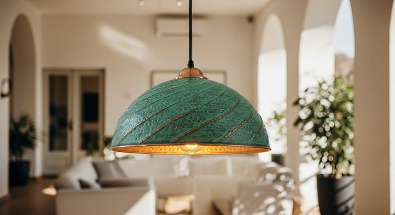 Green Patina Hammered Copper Dome Pendant Light, Handmade Moroccan Spiral Copper Kitchen Island Chandelier, Verdigris Boho Farmhouse Hanging Ceiling Light Fixture