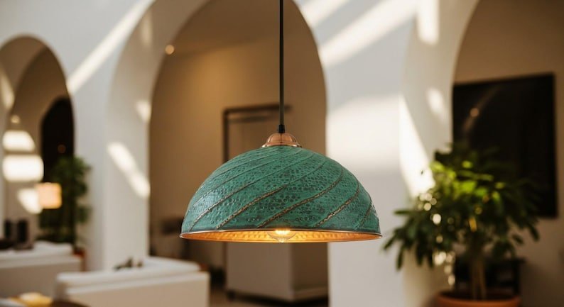 Green Patina Hammered Copper Dome Pendant Light, Handmade Moroccan Spiral Copper Kitchen Island Chandelier, Verdigris Boho Farmhouse Hanging Ceiling Light Fixture