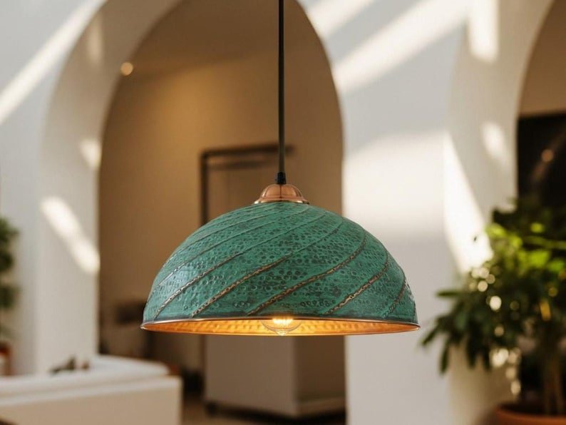 Green Patina Hammered Copper Dome Pendant Light, Handmade Moroccan Spiral Copper Kitchen Island Chandelier, Verdigris Boho Farmhouse Hanging Ceiling Light Fixture