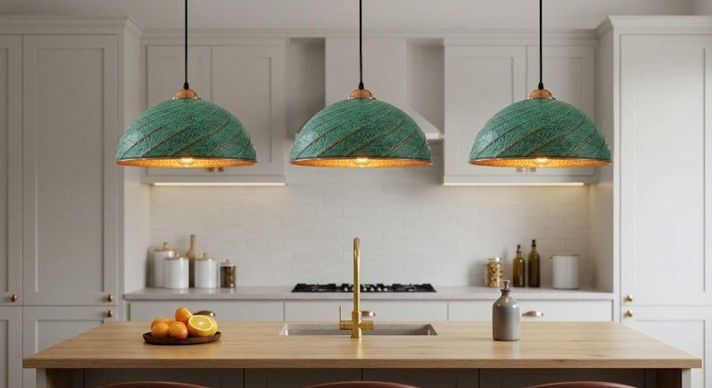 Green Patina Hammered Copper Dome Pendant Light, Handmade Moroccan Spiral Copper Kitchen Island Chandelier, Verdigris Boho Farmhouse Hanging Ceiling Light Fixture