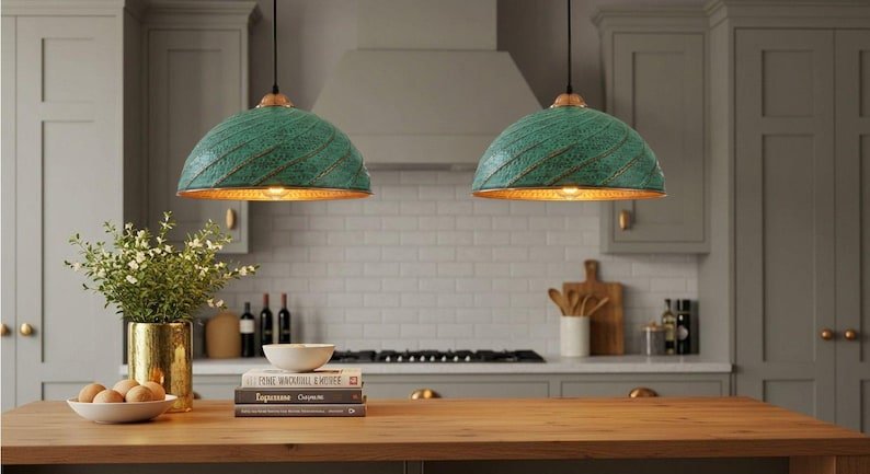 Green Patina Hammered Copper Dome Pendant Light, Handmade Moroccan Spiral Copper Kitchen Island Chandelier, Verdigris Boho Farmhouse Hanging Ceiling Light Fixture