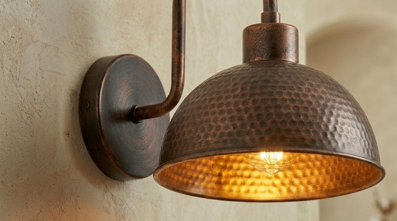 Handmade Brass Wall Sconce – Dark Aged Hammered Brass Dome Wall Light with Copper Interior, Moroccan Rustic Farmhouse Wall Lamp Fixture