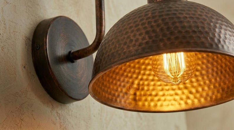 Handmade Brass Wall Sconce – Dark Aged Hammered Brass Dome Wall Light with Copper Interior, Moroccan Rustic Farmhouse Wall Lamp Fixture