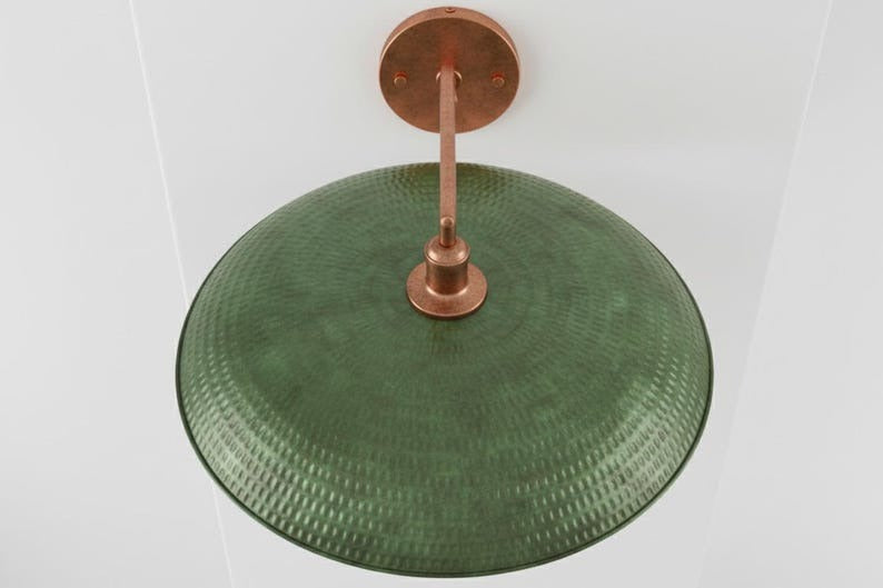Handmade Moroccan Brass Wall Sconce – Hammered Green Patina Dome Wall Light with Copper Brass Arm, Vintage Boho Swing-Arm Lamp for Kitchen, Dining Room, Bedroom & Hallway
