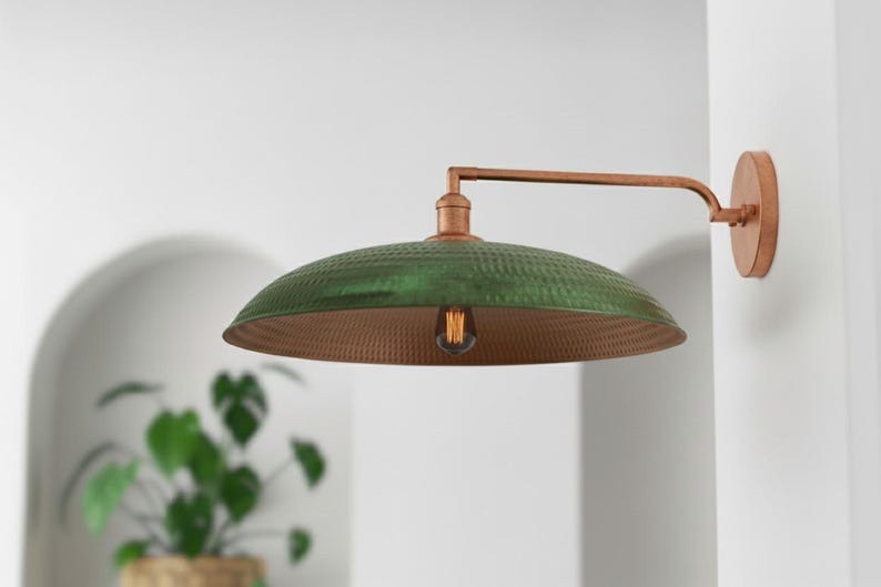 Handmade Moroccan Brass Wall Sconce – Hammered Green Patina Dome Wall Light with Copper Brass Arm, Vintage Boho Swing-Arm Lamp for Kitchen, Dining Room, Bedroom & Hallway