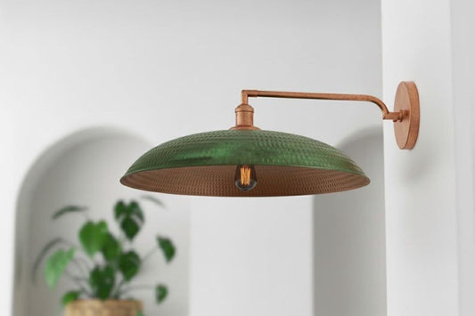Handmade Moroccan Brass Wall Sconce – Hammered Green Patina Dome Wall Light with Copper Brass Arm, Vintage Boho Swing-Arm Lamp for Kitchen, Dining Room, Bedroom & Hallway
