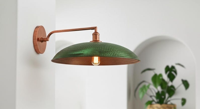 Handmade Moroccan Brass Wall Sconce – Hammered Green Patina Dome Wall Light with Copper Brass Arm, Vintage Boho Swing-Arm Lamp for Kitchen, Dining Room, Bedroom & Hallway