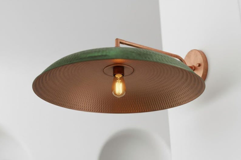 Handmade Moroccan Brass Wall Sconce – Hammered Green Patina Dome Wall Light with Copper Brass Arm, Vintage Boho Swing-Arm Lamp for Kitchen, Dining Room, Bedroom & Hallway