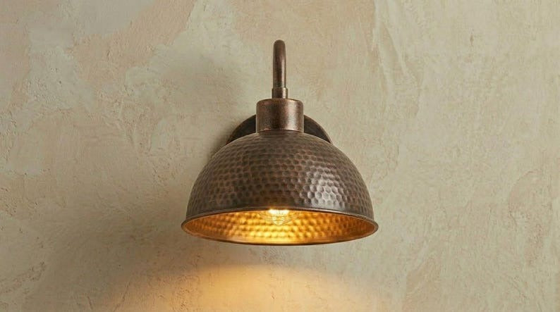 Handmade Brass Wall Sconce – Dark Aged Hammered Brass Dome Wall Light with Copper Interior, Moroccan Rustic Farmhouse Wall Lamp Fixture