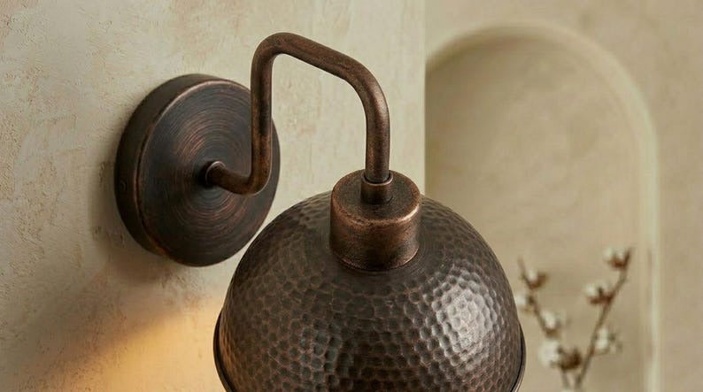 Handmade Brass Wall Sconce – Dark Aged Hammered Brass Dome Wall Light with Copper Interior, Moroccan Rustic Farmhouse Wall Lamp Fixture