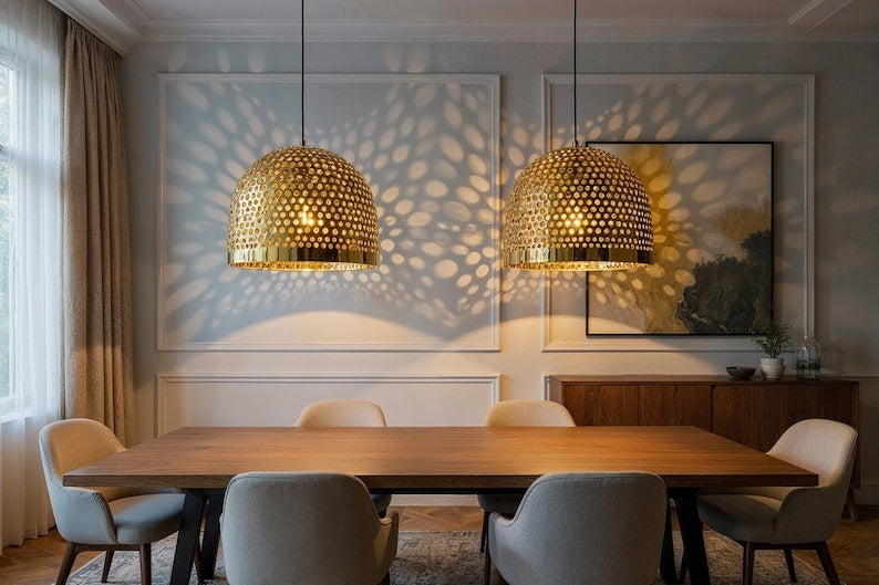 Large Perforated Brass Dome Pendant Light, Handmade Moroccan Pierced Gold Brass Kitchen Island Chandelier, Rustic Boho Farmhouse Hanging Ceiling Light Fixture