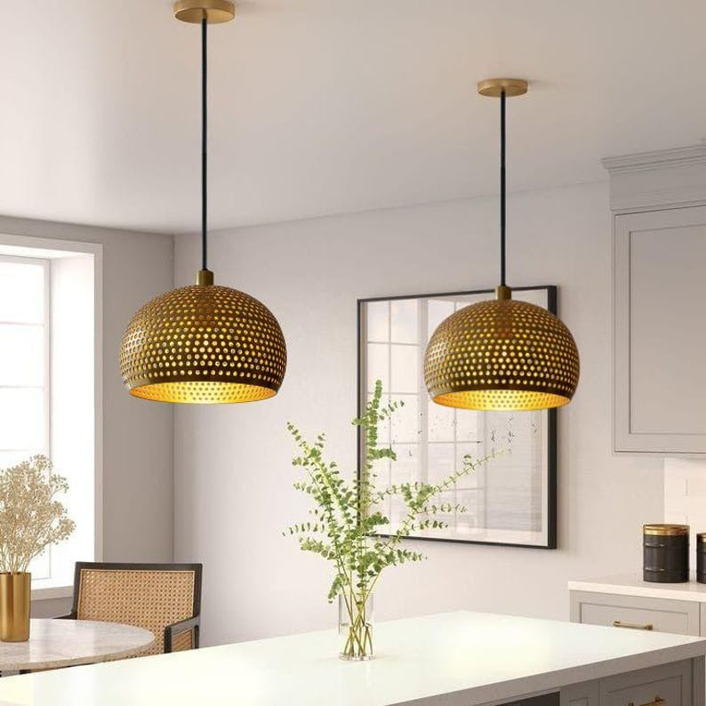 Handmade Perforated Brass Pendant Light – Moroccan Dome Hanging Lamp with Round Cutouts for Kitchen Island, Dining Room & Boho Home Décor