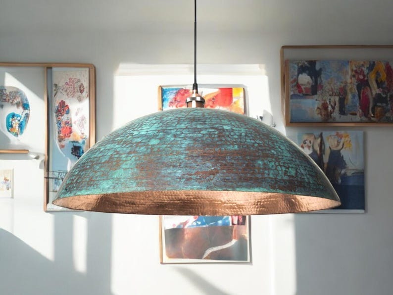 Handmade Moroccan Brass Pendant Light – Oversized Verdigris Dome Ceiling Lamp with Hammered Copper Interior and Rustic Artisan Patina