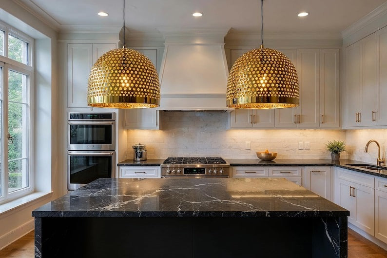 Large Perforated Brass Dome Pendant Light, Handmade Moroccan Pierced Gold Brass Kitchen Island Chandelier, Rustic Boho Farmhouse Hanging Ceiling Light Fixture