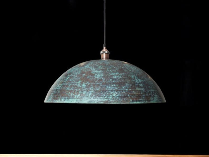 Handmade Moroccan Brass Pendant Light – Oversized Verdigris Dome Ceiling Lamp with Hammered Copper Interior and Rustic Artisan Patina