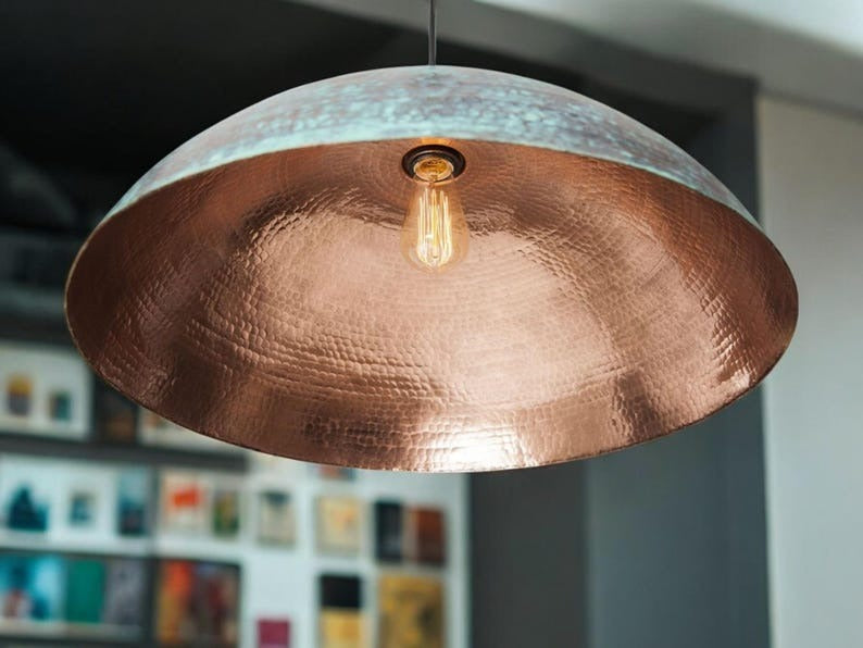 Handmade Moroccan Brass Pendant Light – Oversized Verdigris Dome Ceiling Lamp with Hammered Copper Interior and Rustic Artisan Patina