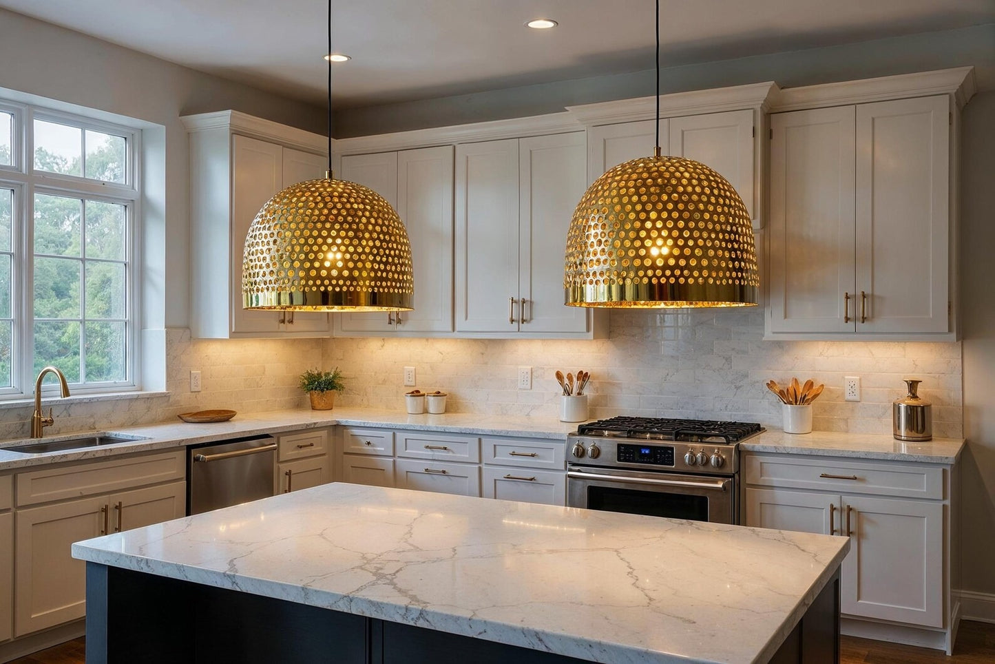 Large Perforated Brass Dome Pendant Light, Handmade Moroccan Pierced Gold Brass Kitchen Island Chandelier, Rustic Boho Farmhouse Hanging Ceiling Light Fixture