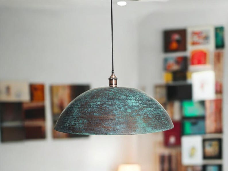 Handmade Moroccan Brass Pendant Light – Oversized Verdigris Dome Ceiling Lamp with Hammered Copper Interior and Rustic Artisan Patina