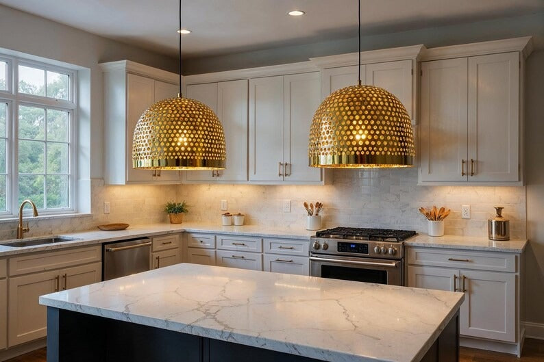 Large Perforated Brass Dome Pendant Light, Handmade Moroccan Pierced Gold Brass Kitchen Island Chandelier, Rustic Boho Farmhouse Hanging Ceiling Light Fixture