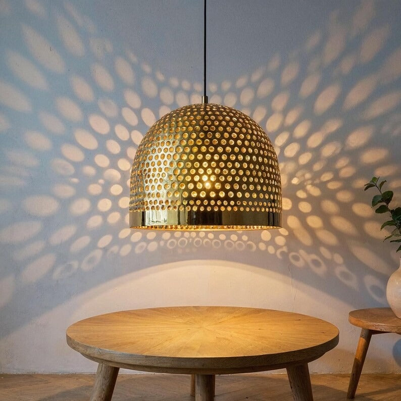 Large Perforated Brass Dome Pendant Light, Handmade Moroccan Pierced Gold Brass Kitchen Island Chandelier, Rustic Boho Farmhouse Hanging Ceiling Light Fixture