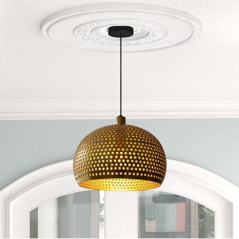 Handmade Perforated Brass Pendant Light – Moroccan Dome Hanging Lamp with Round Cutouts for Kitchen Island, Dining Room & Boho Home Décor