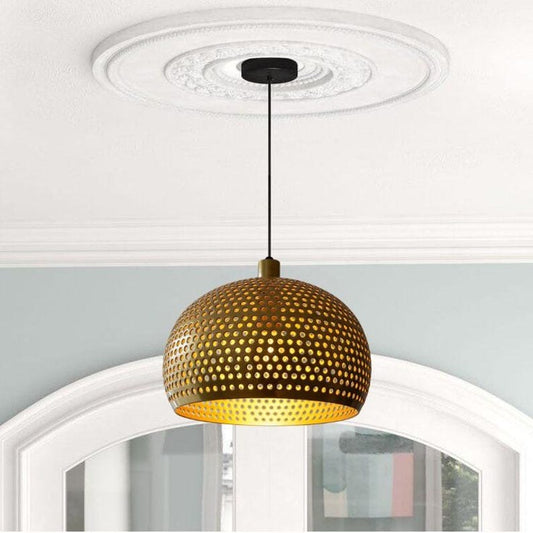 Handmade Perforated Brass Pendant Light – Moroccan Dome Hanging Lamp with Round Cutouts for Kitchen Island, Dining Room & Boho Home Décor