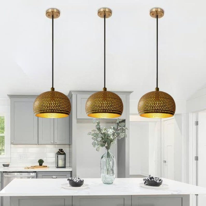 Handmade Perforated Brass Pendant Light – Moroccan Dome Hanging Lamp with Round Cutouts for Kitchen Island, Dining Room & Boho Home Décor