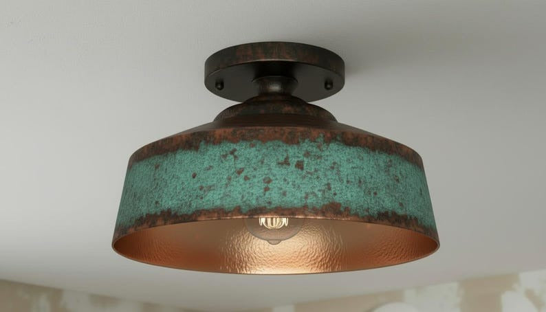 Handmade Moroccan Brass Semi-Flush Mount Ceiling Light – Turquoise Verdigris Drum Fixture with Antique Copper Interior