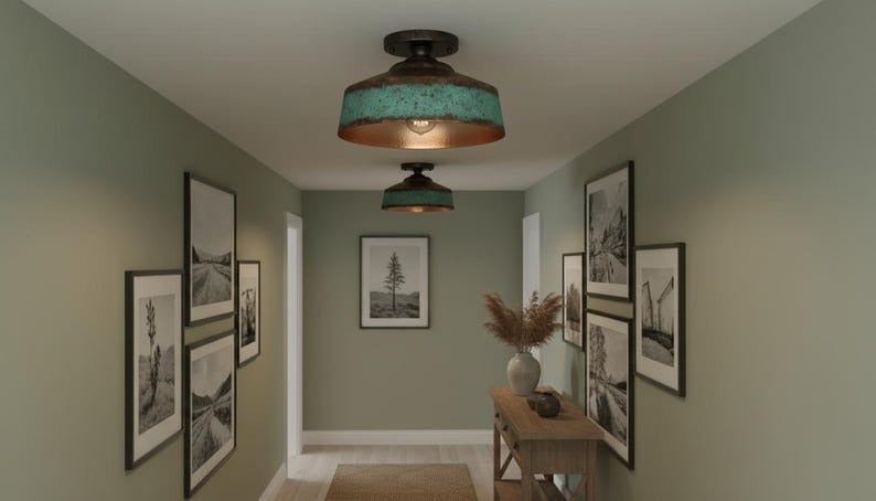 Handmade Moroccan Brass Semi-Flush Mount Ceiling Light – Turquoise Verdigris Drum Fixture with Antique Copper Interior