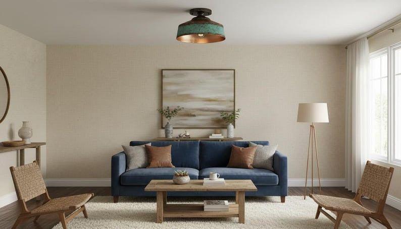 Handmade Moroccan Brass Semi-Flush Mount Ceiling Light – Turquoise Verdigris Drum Fixture with Antique Copper Interior