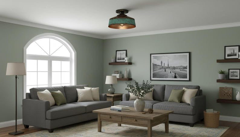 Handmade Moroccan Brass Semi-Flush Mount Ceiling Light – Turquoise Verdigris Drum Fixture with Antique Copper Interior